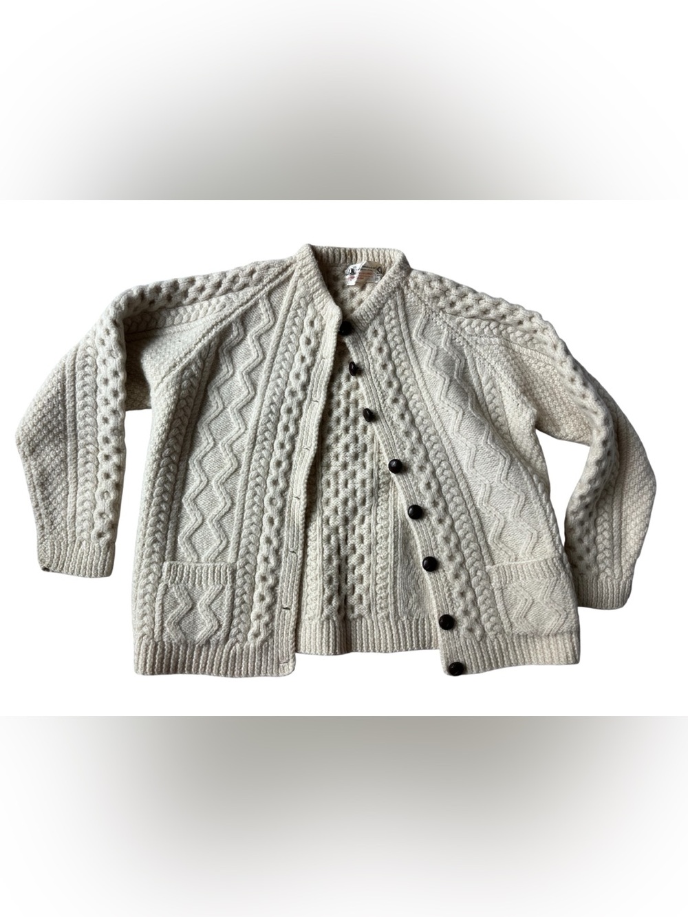 VINTAGE BLARNEY HANDCRAFTS CREAM WOOL CARDIGAN SWEATER XS WOMENS COZY THICK WARM